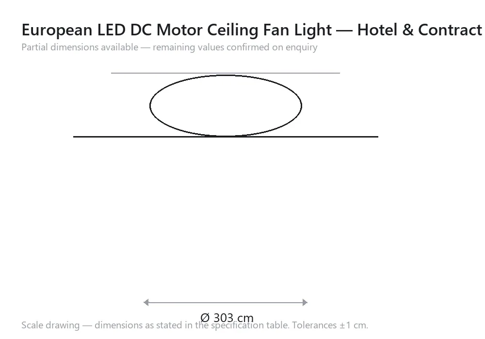 European LED DC Motor Ceiling Fan Light — Hotel & Contract — scale drawing, Ø 303 cm