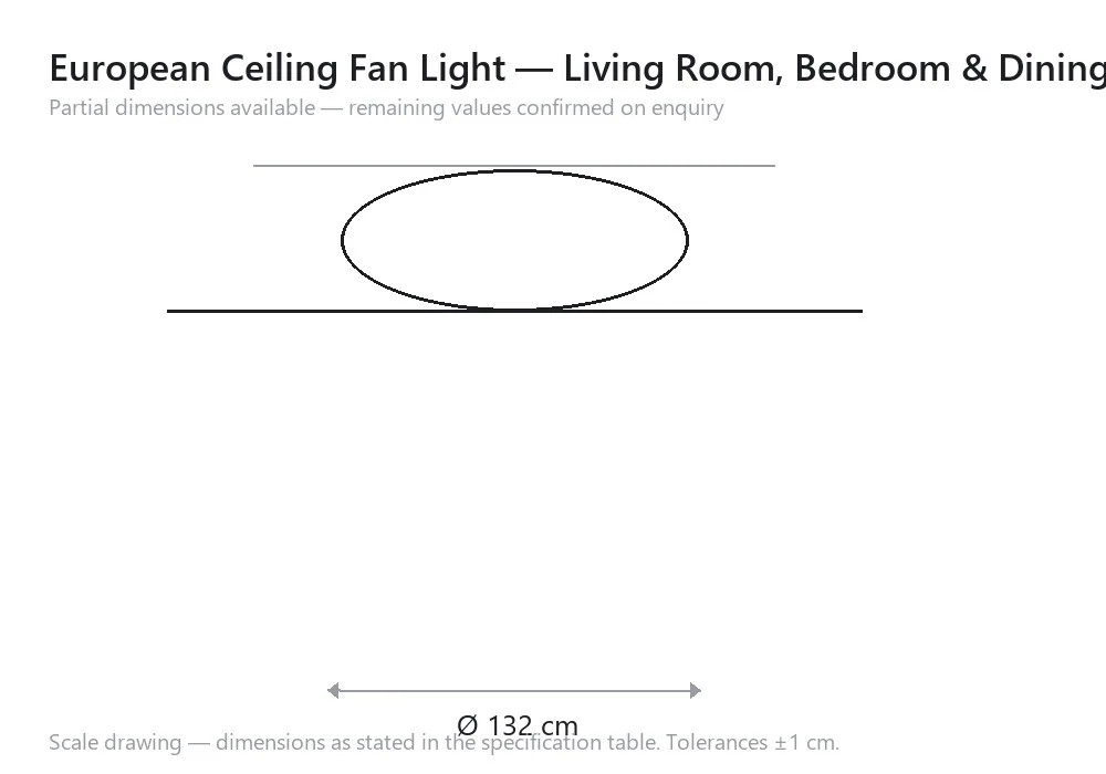European Ceiling Fan Light — Living Room, Bedroom & Dining Room — 尺寸图，Ø 132 cm
