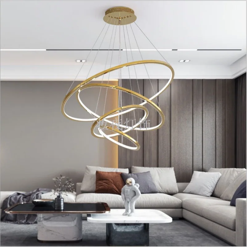 Modern Stainless Steel Ring Chandelier — Duplex, Villa & Living Room — view 7