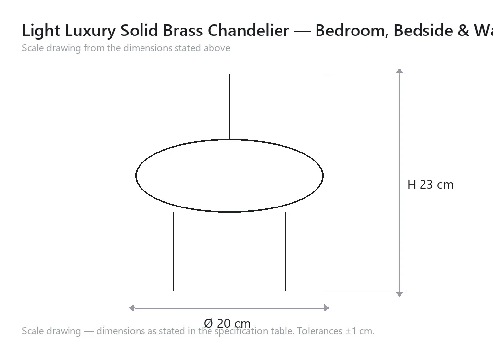 Light Luxury Solid Brass Chandelier — Bedroom, Bedside & Walkway — 尺寸图，Ø 20 cm × H 23 cm