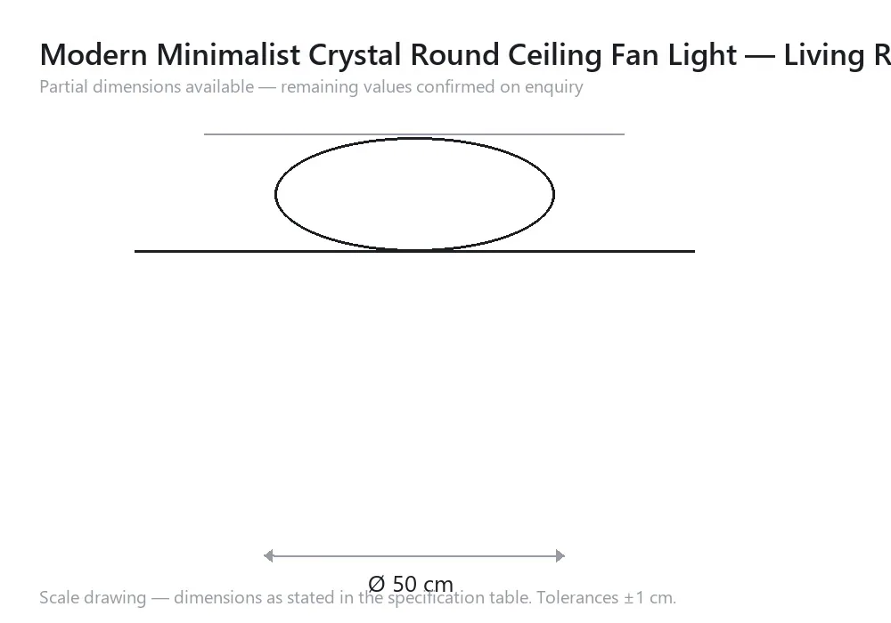 Modern Minimalist Crystal Round Ceiling Fan Light — Living Room — scale drawing, Ø 50 cm