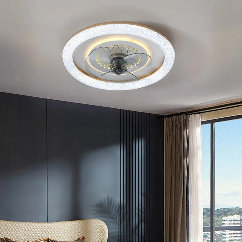 Modern Minimalist Crystal Round Ceiling Fan Light — Living Room — view 1