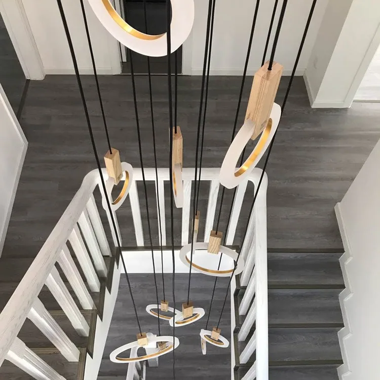 Modern Minimalist Solid Wood Ring Chandelier — Duplex, Stairwell & Villa — view 3