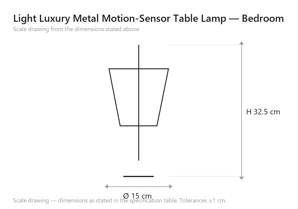 Light Luxury Metal Motion-Sensor Table Lamp — Bedroom — scale drawing, Ø 15 cm × H 32.5 cm