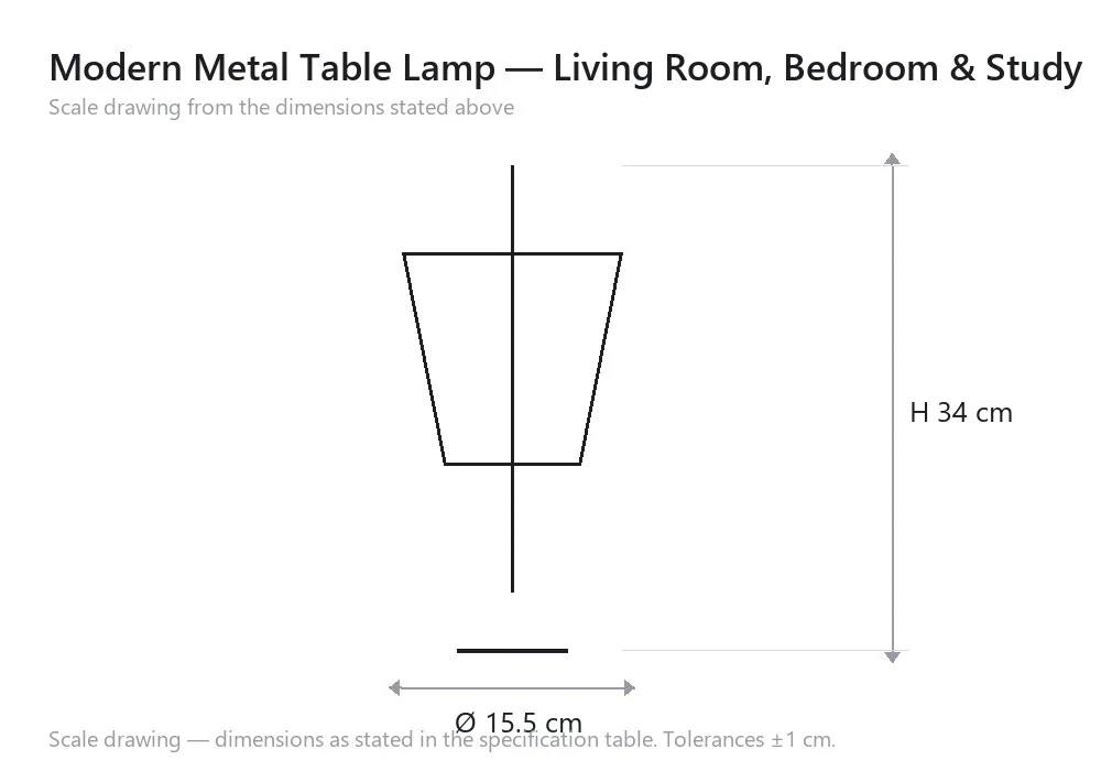 Modern Metal Table Lamp — Living Room, Bedroom & Study — 尺寸图，Ø 15.5 cm × H 34 cm