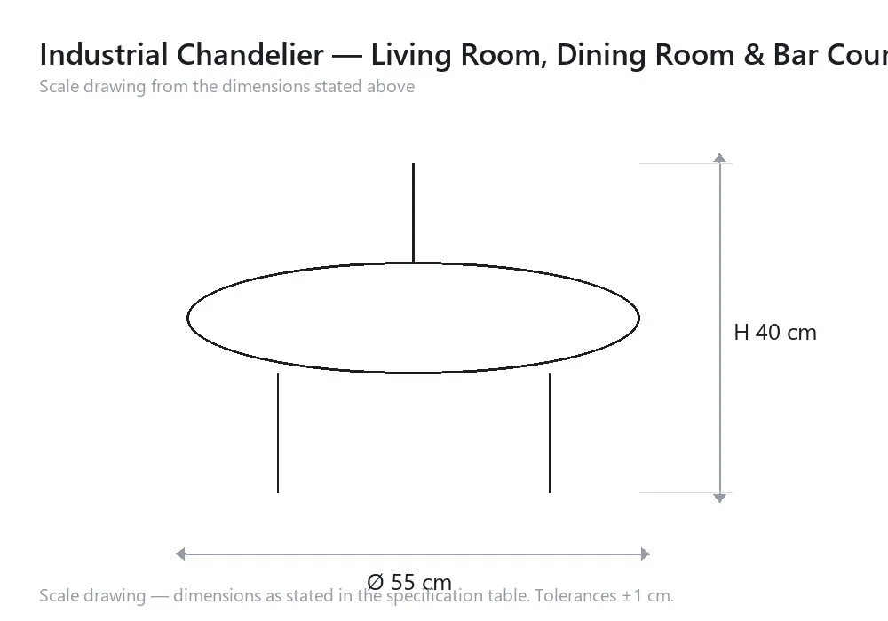 Industrial Chandelier — Living Room, Dining Room & Bar Counter — scale drawing, Ø 55 cm × H 40 cm
