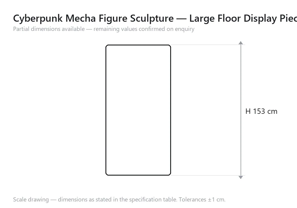 Cyberpunk Mecha Figure Sculpture — Large Floor Display Piece — 尺寸图，H 153 cm