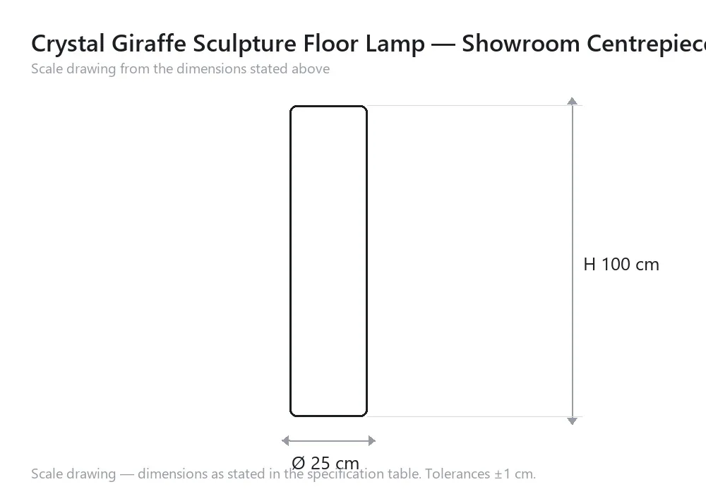 Crystal Giraffe Sculpture Floor Lamp — Showroom Centrepiece — scale drawing, Ø 25 cm × H 100 cm