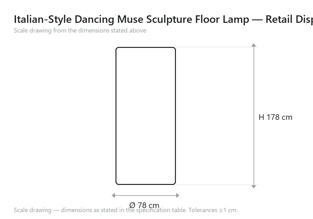 Italian-Style Dancing Muse Sculpture Floor Lamp — Retail Display — scale drawing, Ø 78 cm × H 178 cm