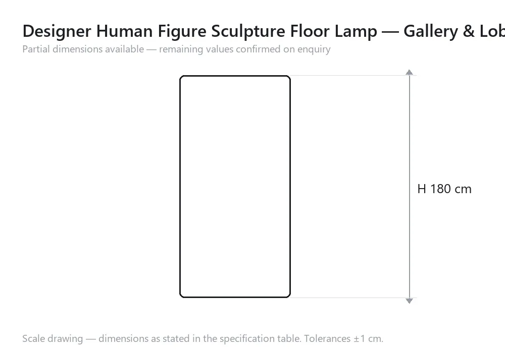 Designer Human Figure Sculpture Floor Lamp — Gallery & Lobby — 尺寸图，H 180 cm