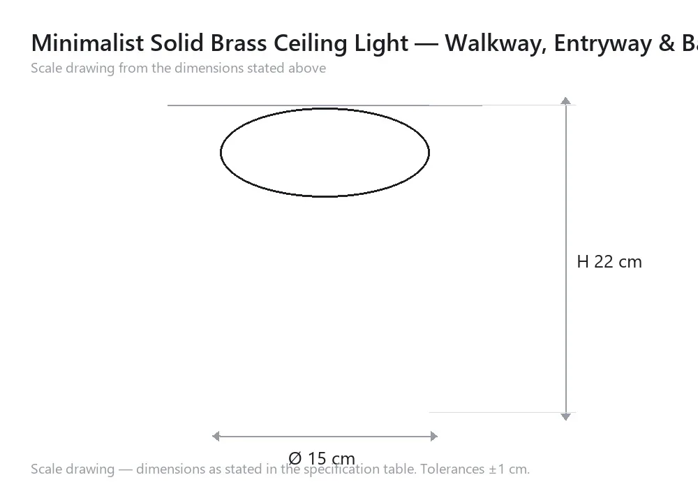 Minimalist Solid Brass Ceiling Light — Walkway, Entryway & Balcony — 尺寸图，Ø 15 cm × H 22 cm