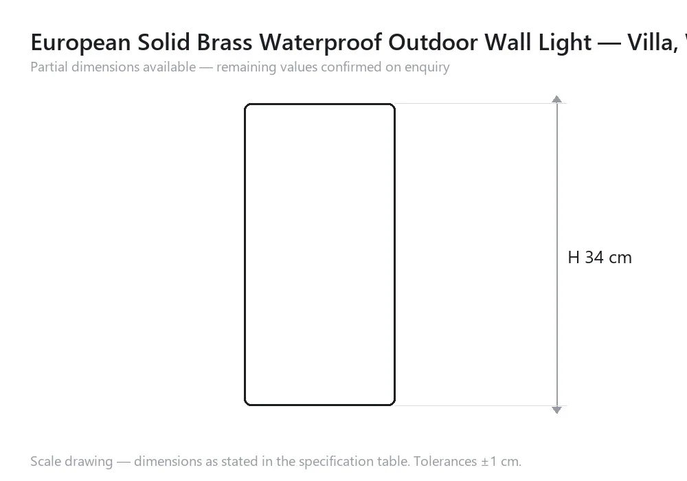 European Solid Brass Waterproof Outdoor Wall Light — Villa, Walkway & Corridor — 尺寸图，H 34 cm