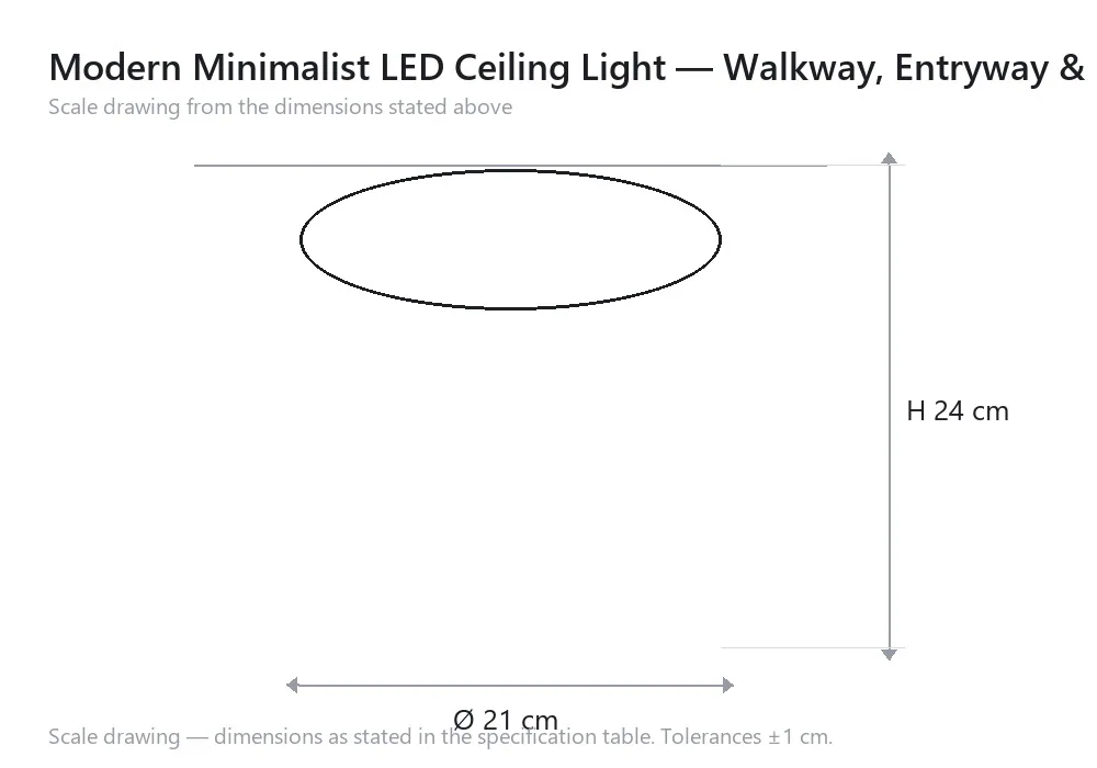 Modern Minimalist LED Ceiling Light — Walkway, Entryway & Balcony — scale drawing, Ø 21 cm × H 24 cm