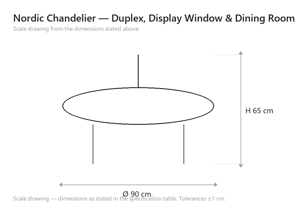 Nordic Chandelier — Duplex, Display Window & Dining Room — scale drawing, Ø 90 cm × H 65 cm