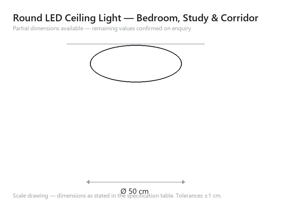 Round LED Ceiling Light — Bedroom, Study & Corridor — scale drawing, Ø 50 cm