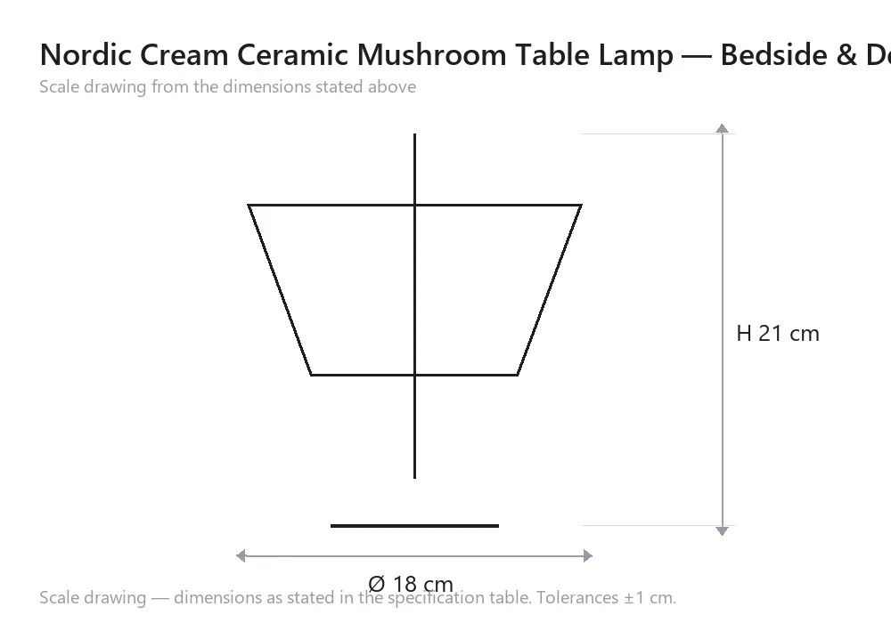 Nordic Cream Ceramic Mushroom Table Lamp — Bedside & Desk — scale drawing, Ø 18 cm × H 21 cm