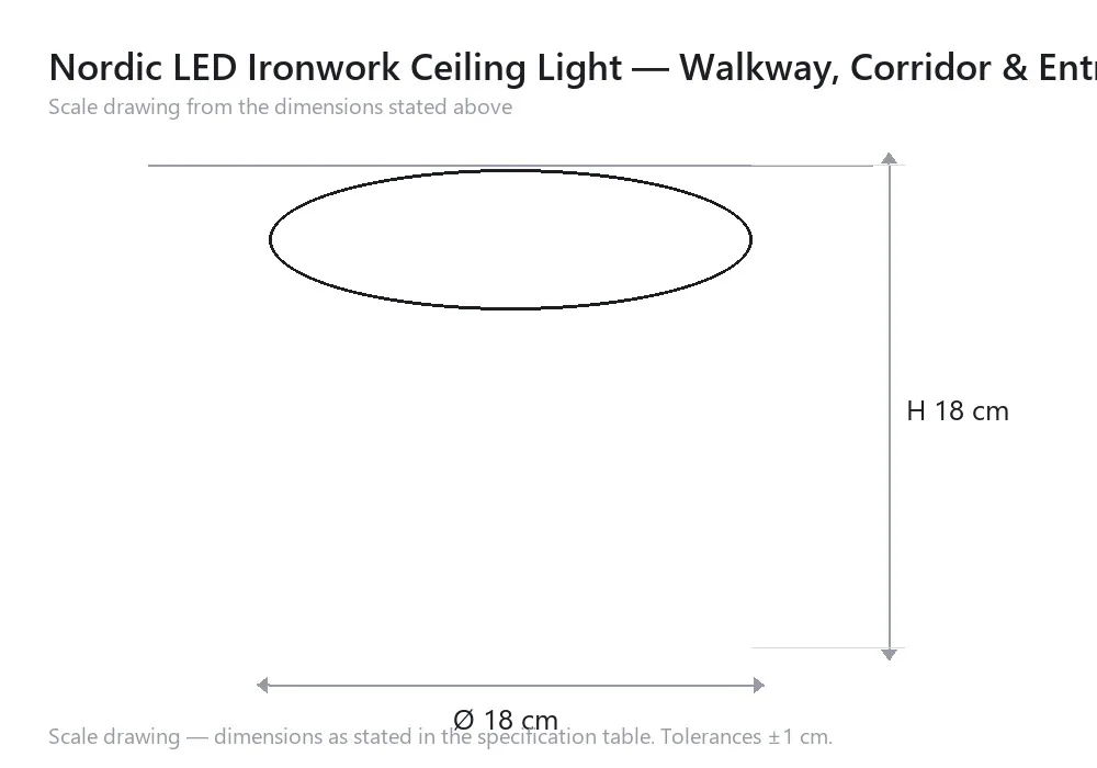 Nordic LED Ironwork Ceiling Light — Walkway, Corridor & Entryway — scale drawing, Ø 18 cm × H 18 cm