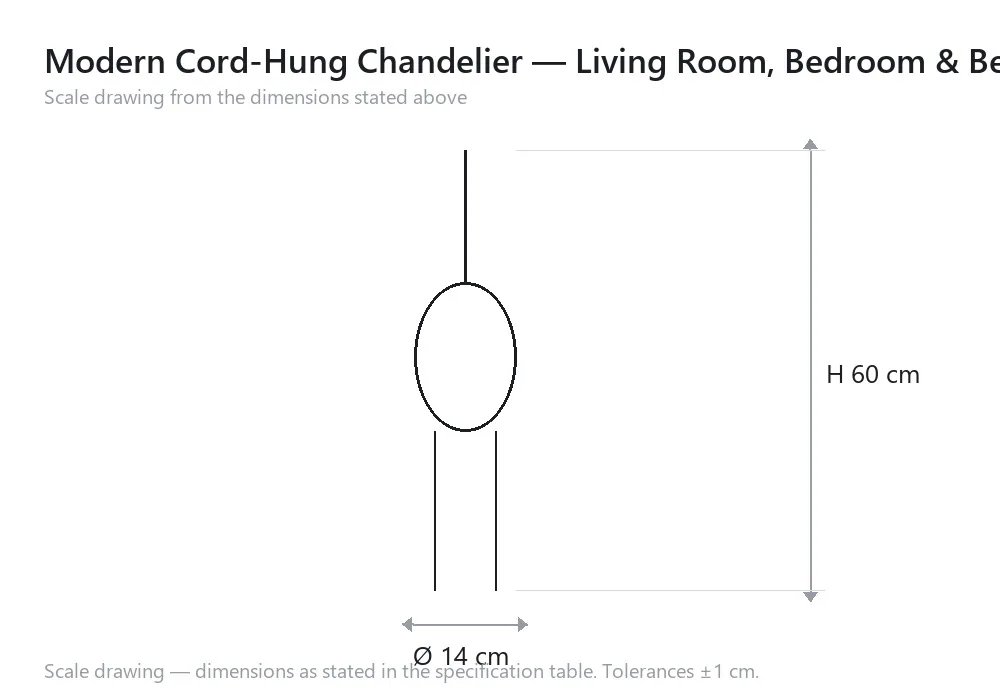 Modern Cord-Hung Chandelier — Living Room, Bedroom & Bedside — scale drawing, Ø 14 cm × H 60 cm