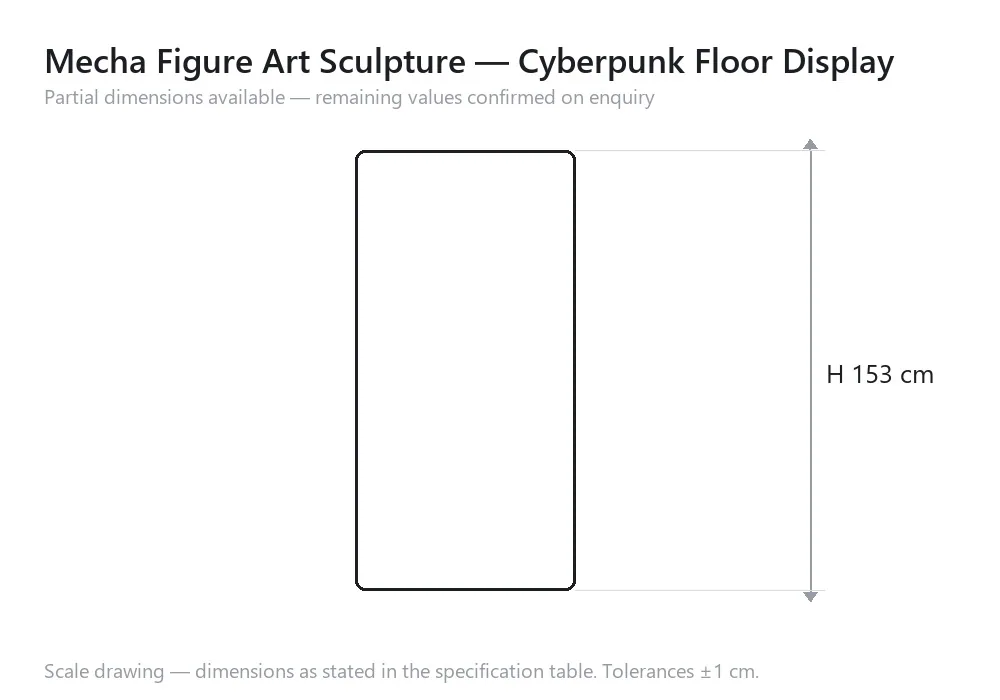 Mecha Figure Art Sculpture — Cyberpunk Floor Display — 尺寸图，H 153 cm