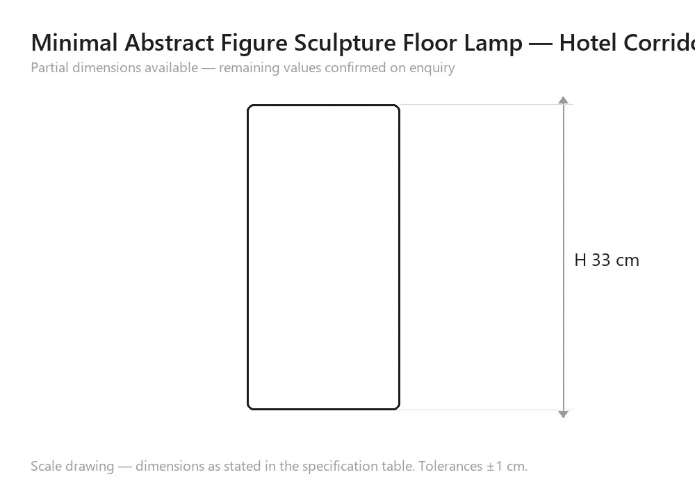 Minimal Abstract Figure Sculpture Floor Lamp — Hotel Corridor — scale drawing, H 33 cm