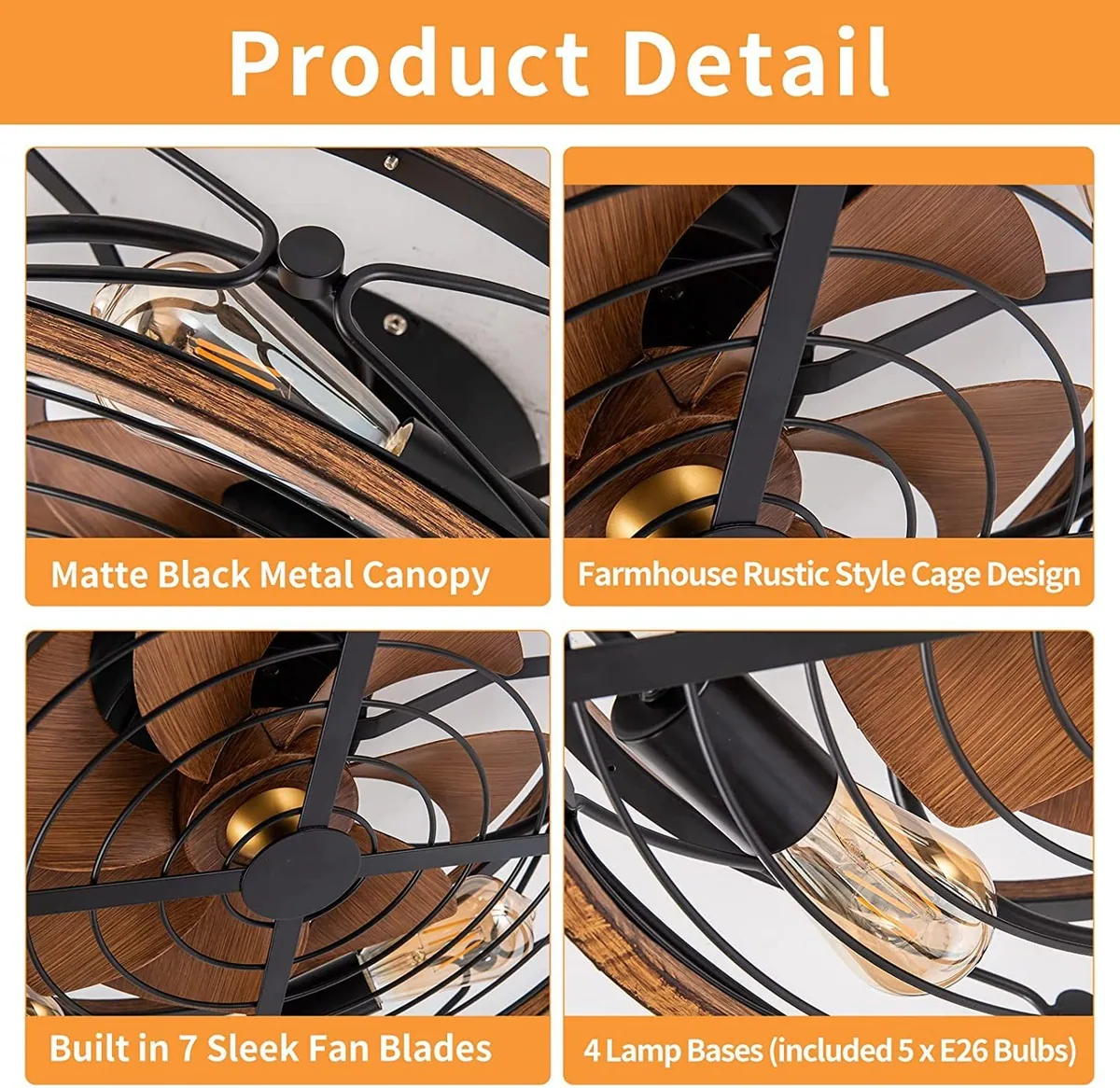 American Variable-Frequency Remote-Controlled Ceiling Fan Light — Living Room, Bedroom & Dining Room — view 3