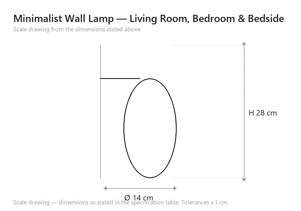 Minimalist Wall Lamp — Living Room, Bedroom & Bedside — scale drawing, Ø 14 cm × H 28 cm