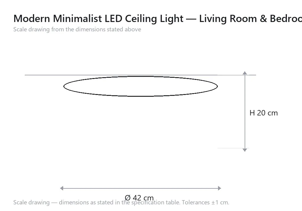 Modern Minimalist LED Ceiling Light — Living Room & Bedroom — 尺寸图，Ø 42 cm × H 20 cm