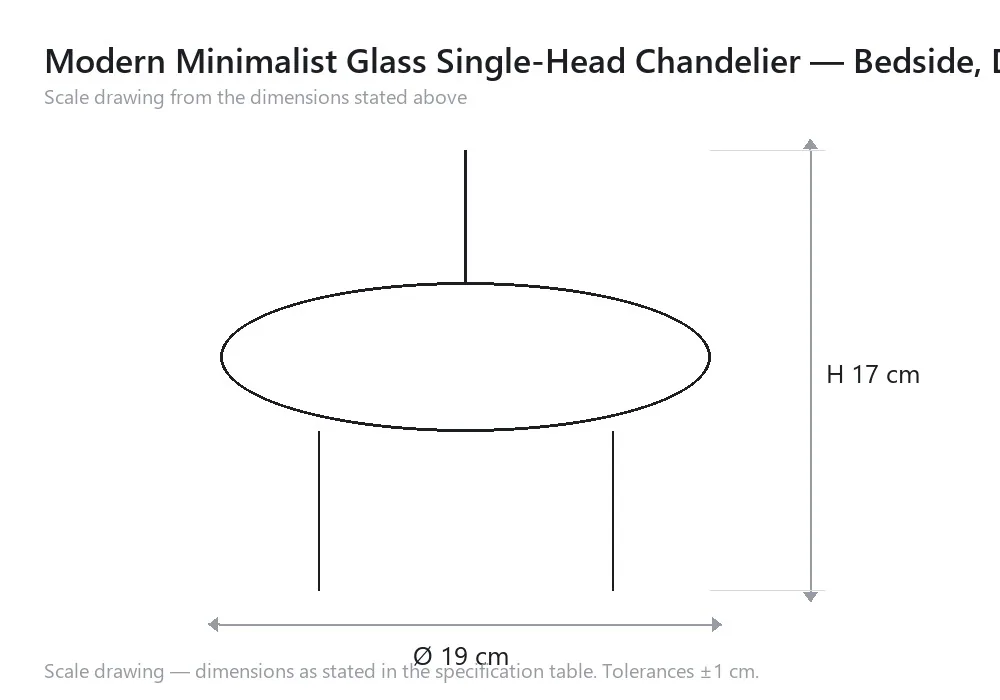Modern Minimalist Glass Single-Head Chandelier — Bedside, Dining Room & Bar Counter — 尺寸图，Ø 19 cm × H 17 cm