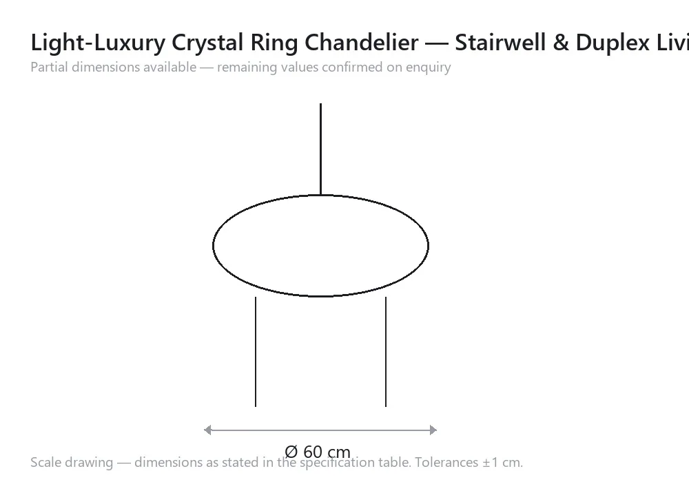 Light-Luxury Crystal Ring Chandelier — Stairwell & Duplex Living Room — scale drawing, Ø 60 cm