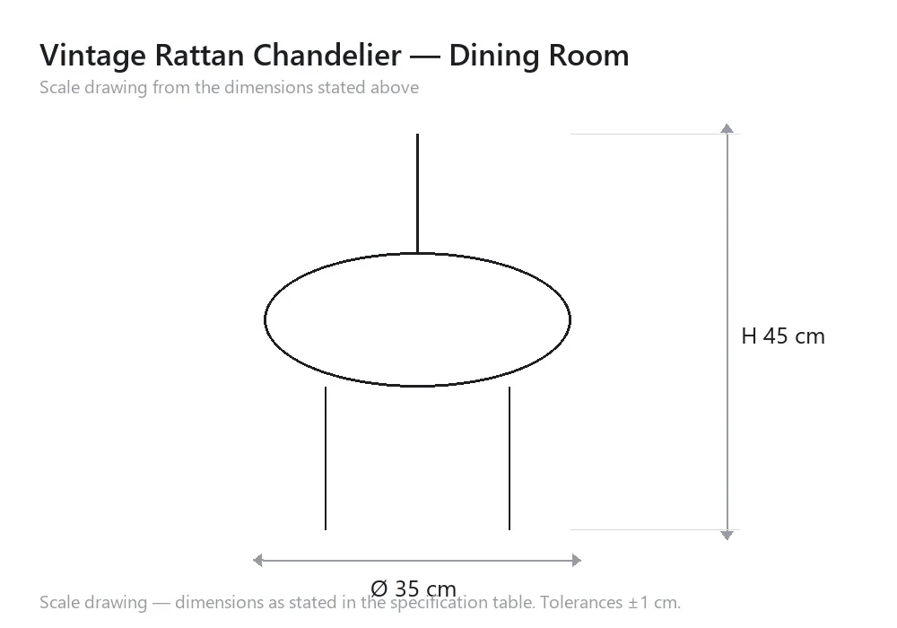 Vintage Rattan Chandelier — Dining Room — scale drawing, Ø 35 cm × H 45 cm