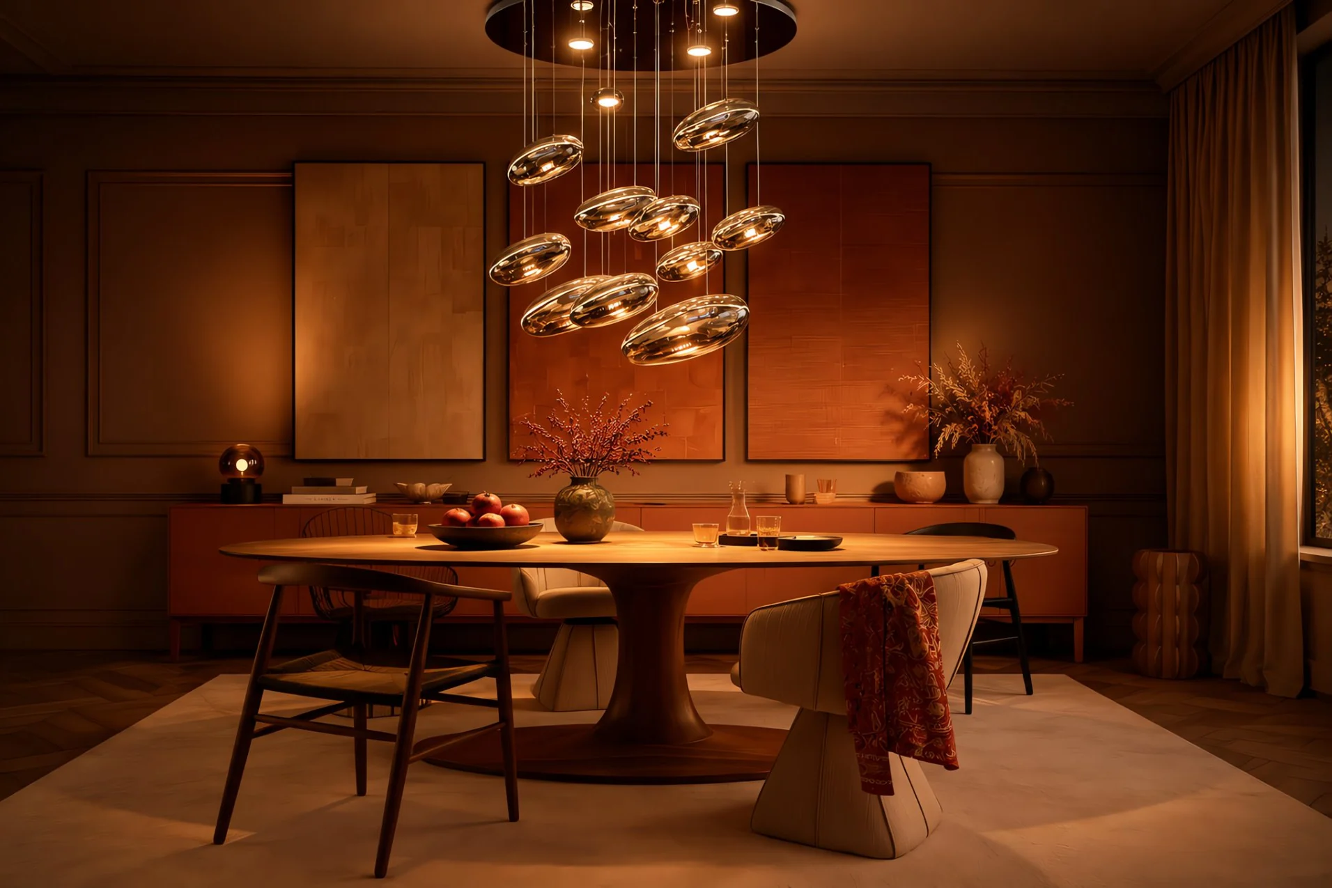 Interior visualisation: a cluster of polished chrome discs suspended over a round pedestal dining table, with amber lacquered wall panels and floor-length curtains behind