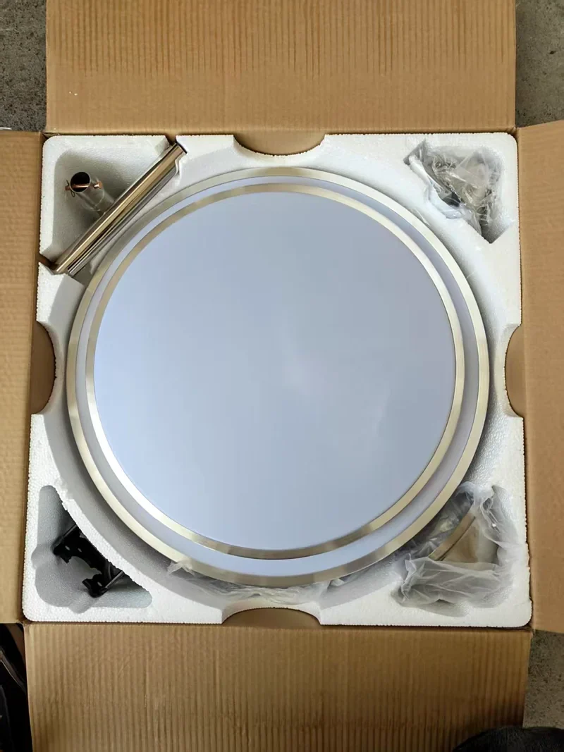 A ceiling light packed in a foam-lined carton with its mounting bracket and fittings