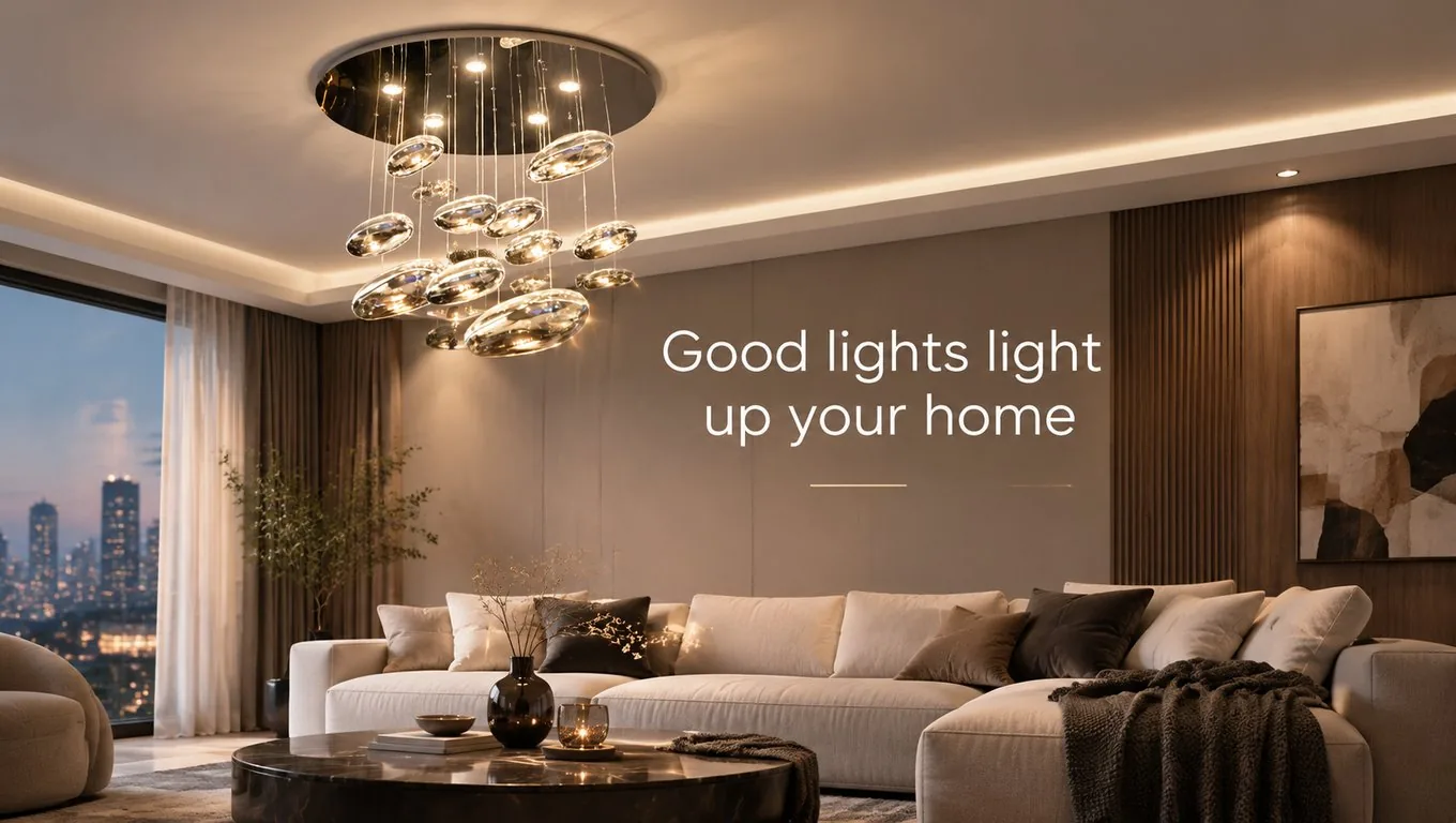 Room scene (computer render): a cluster of glass disc pendants hung over a double-height living room at dusk