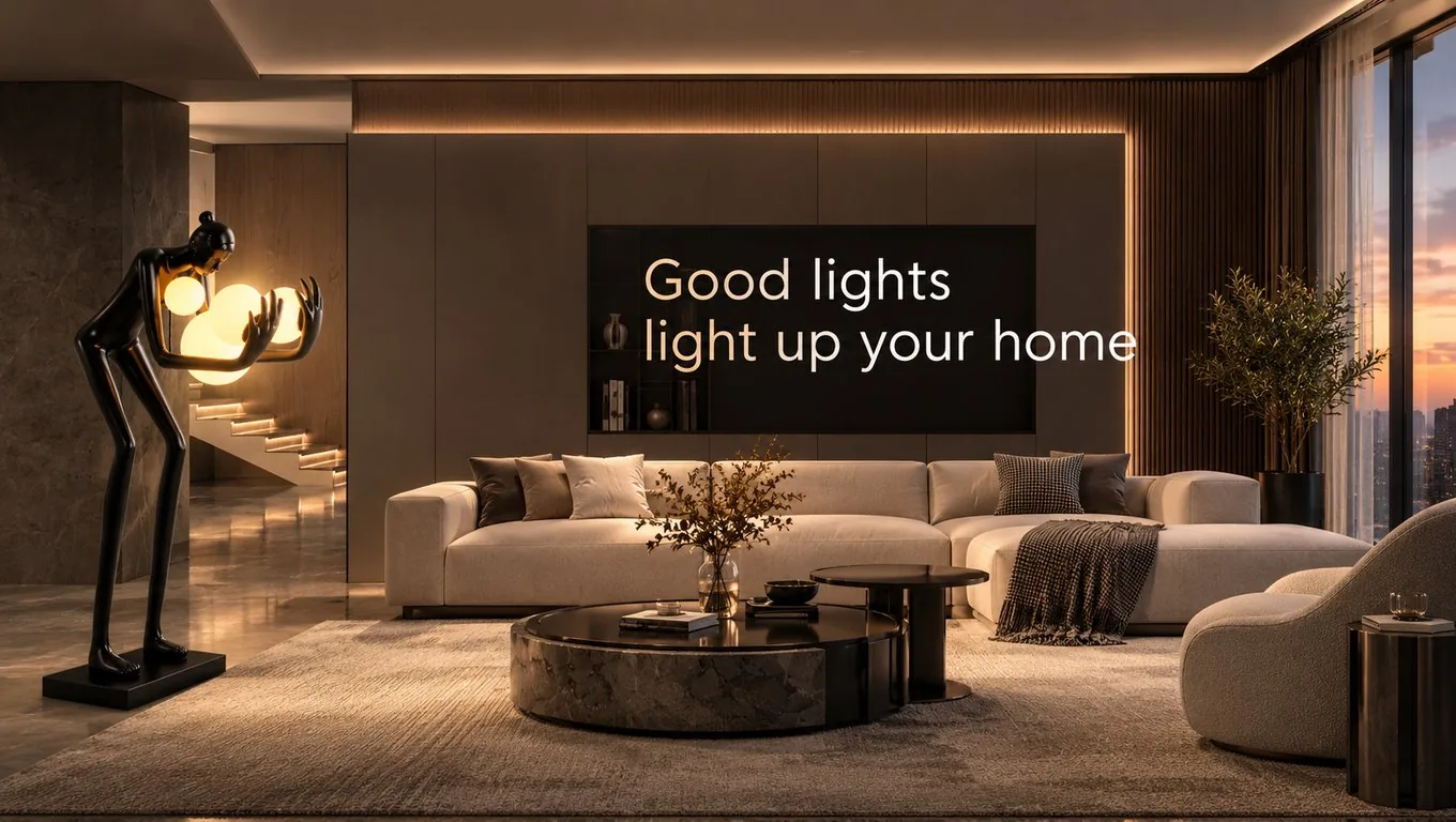 Room scene (computer render): a black sculptural floor lamp shaped like a figure holding a cluster of glowing globes, in a living room