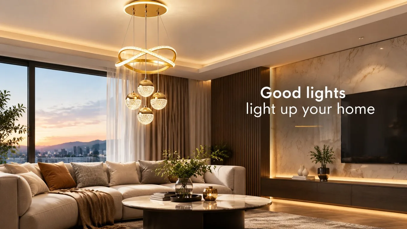 Room scene (computer render): a brass double-ring chandelier with a cascade of faceted crystal spheres above a living room