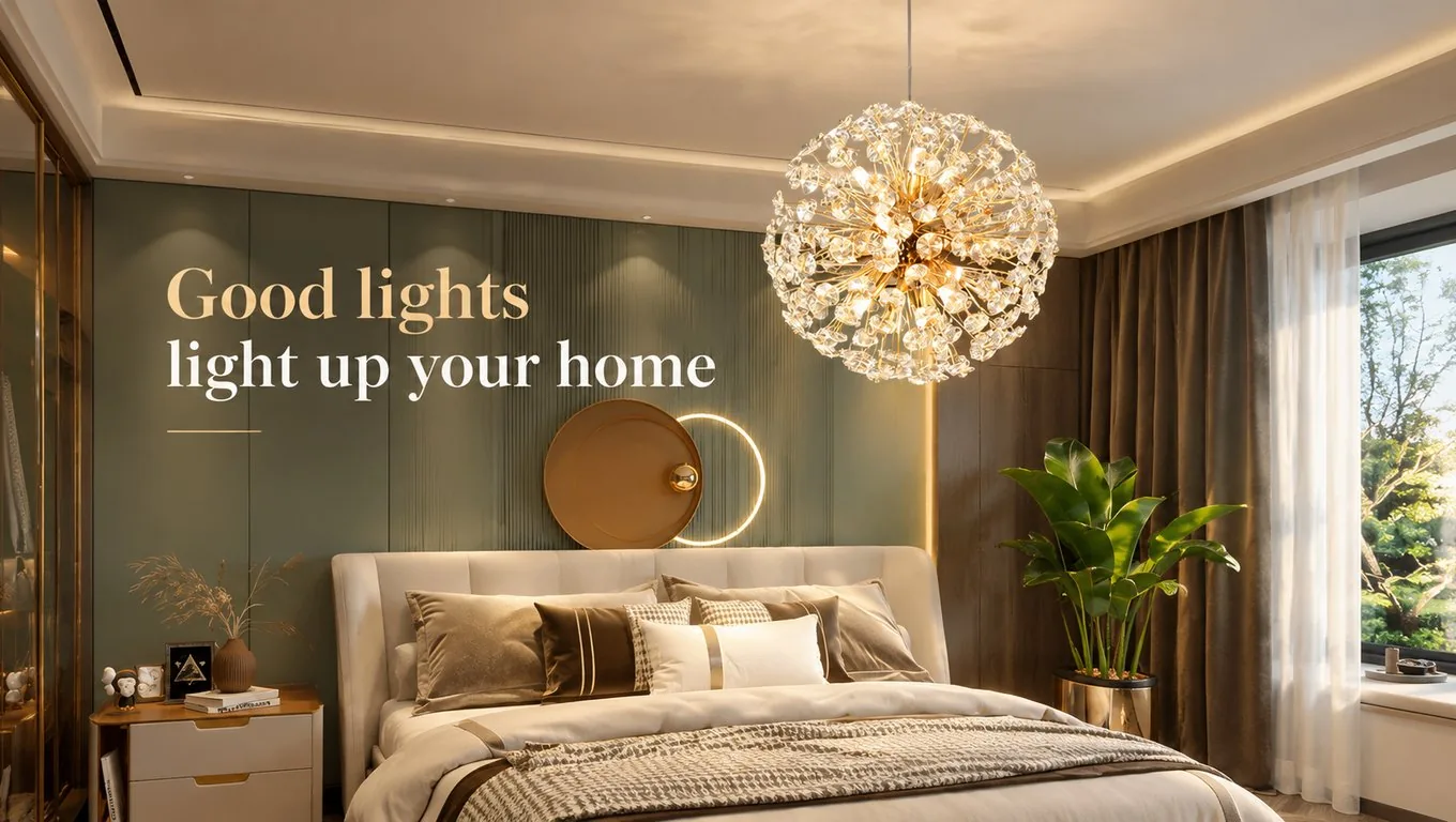 Room scene (computer render): a spherical crystal chandelier hanging in a bedroom with a green panelled wall