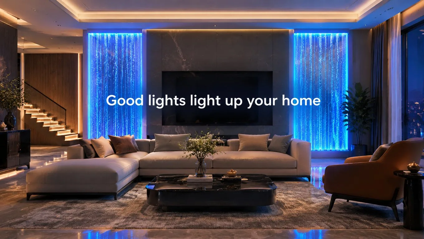 Room scene (computer render): two blue fibre optic water feature screens flanking a television wall in a living room